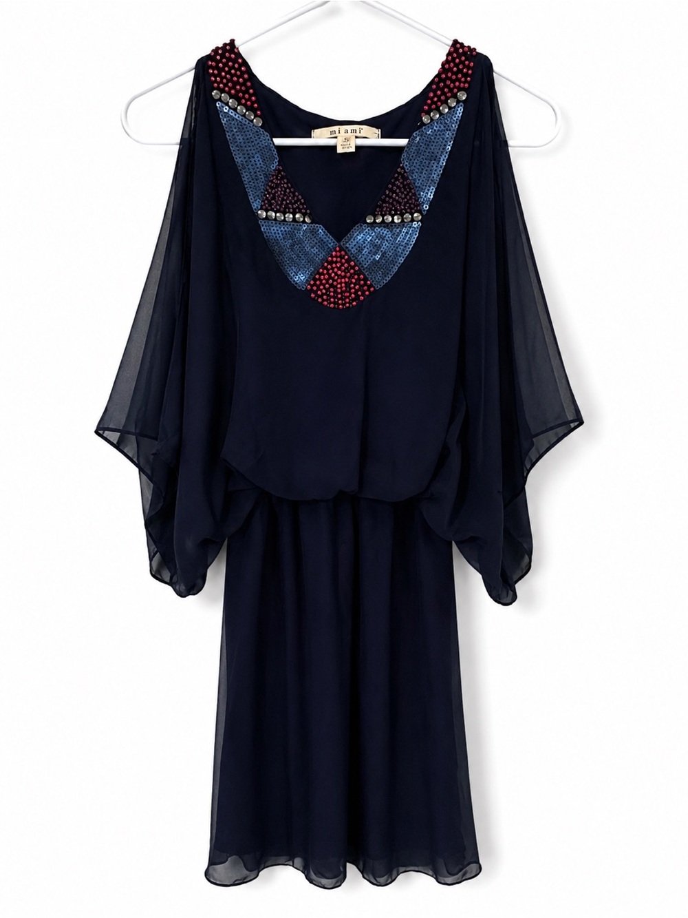 miami Navy Chiffon Dress with Blue and Magenta Beaded Neckline